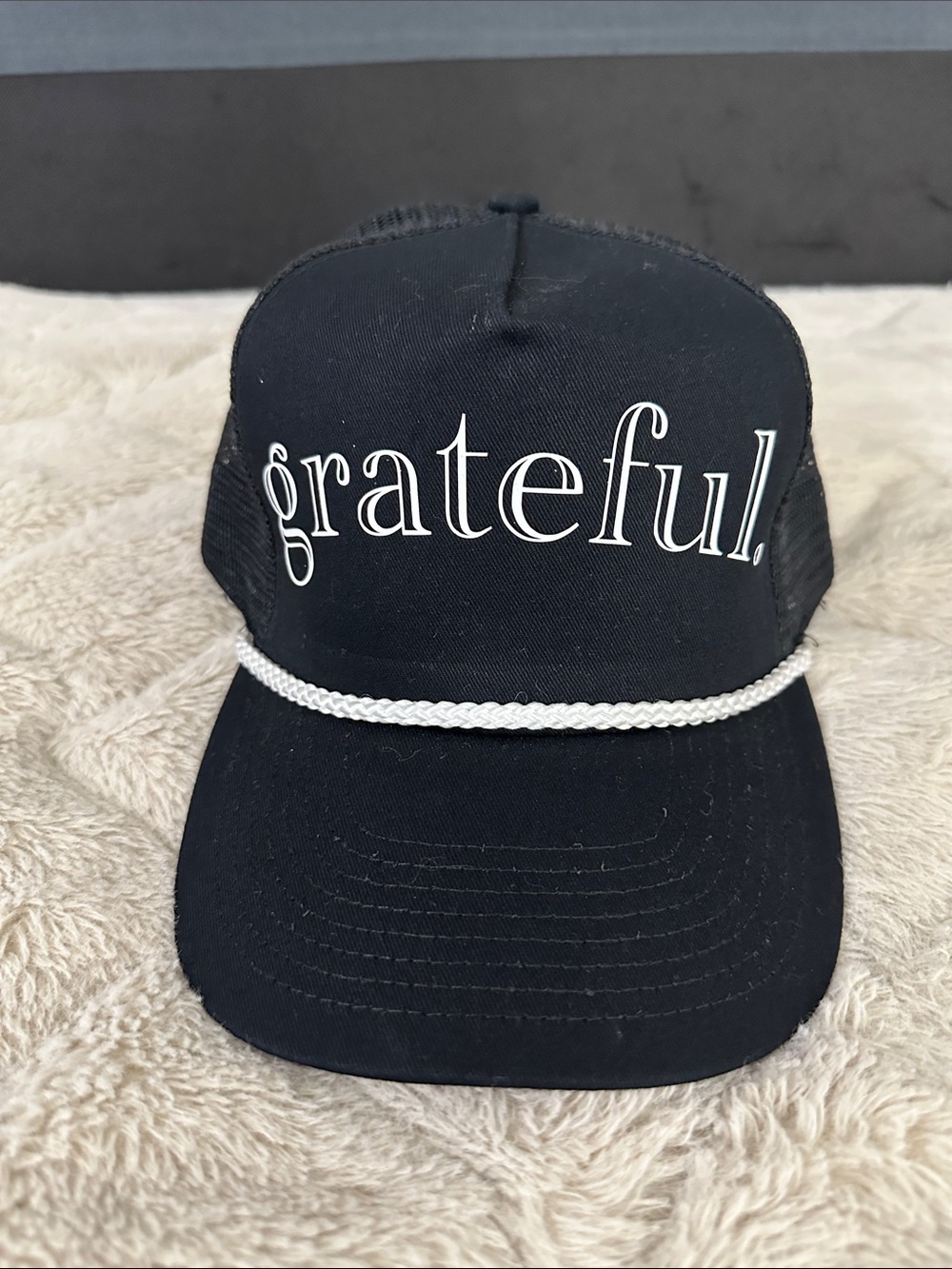 Grateful Black Trucker Hat with White Rope